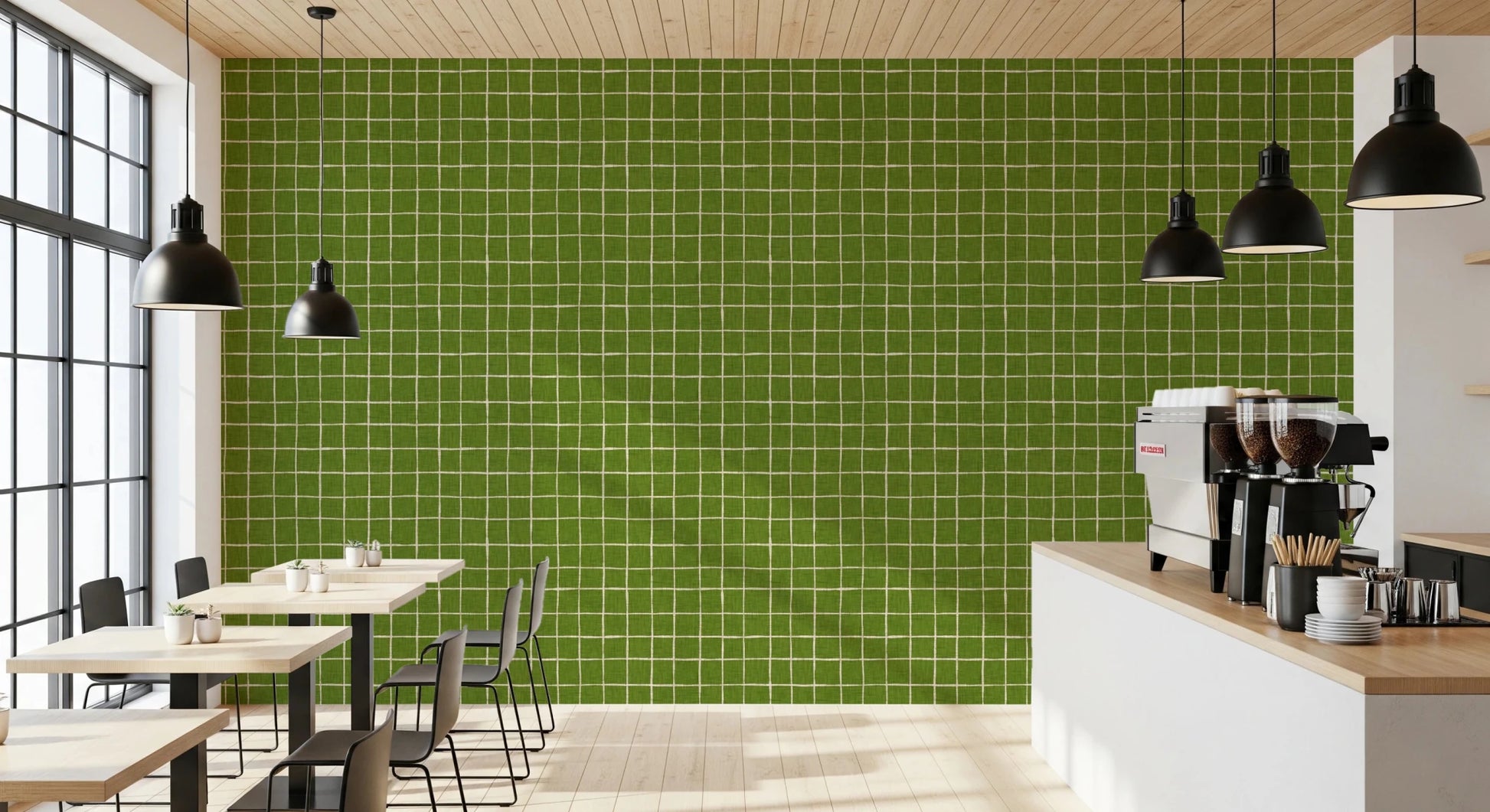 Fresh green check wallpaper with linen texture.