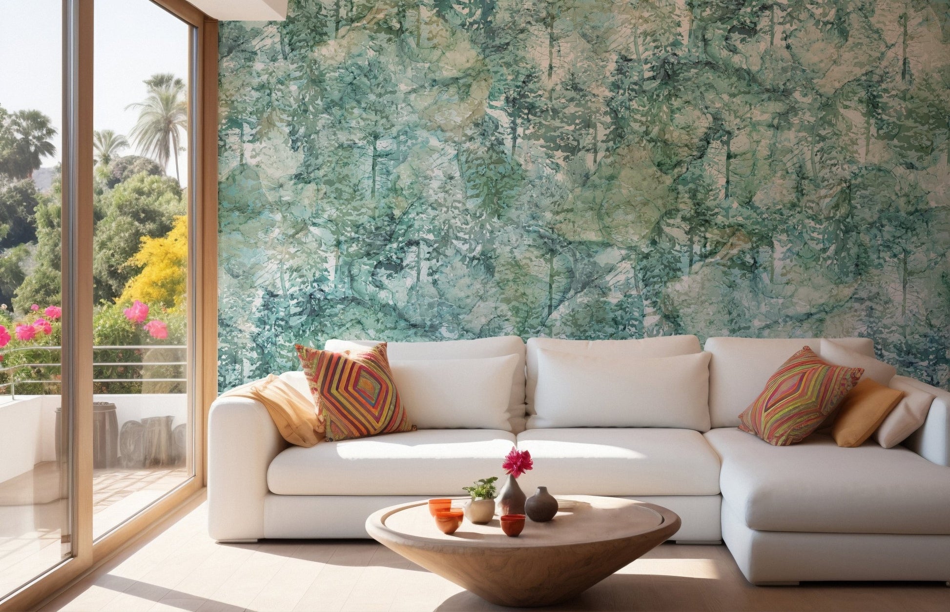 Calming green tropical forest wallpaper mural for interiors A345