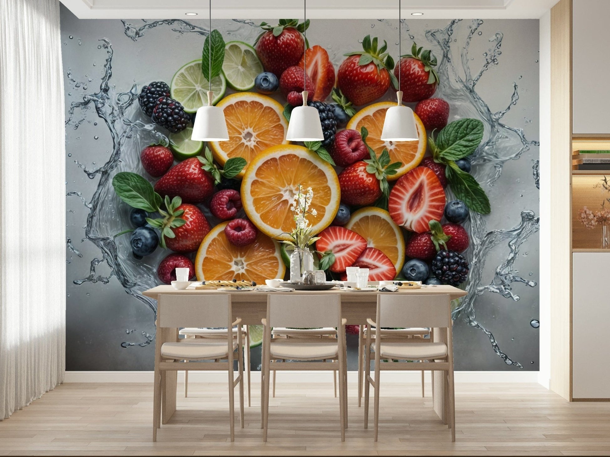 Fresh Splash Wall Mural in a modern living room with blue water ripples wallpaper mural, GD7657