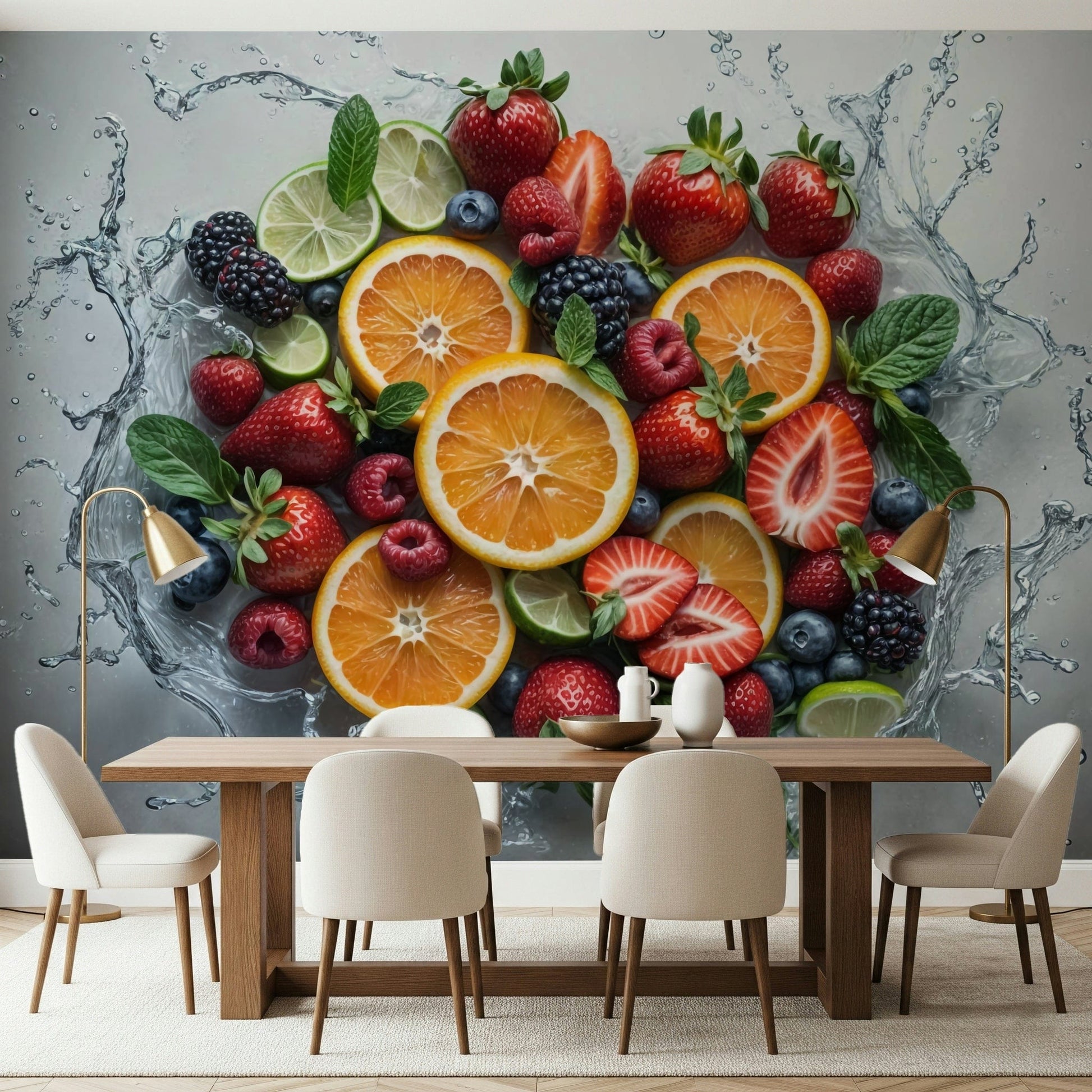Minimalist bedroom featuring liquid drop wallpaper mural Fresh Splash Wall Mural, GD7657