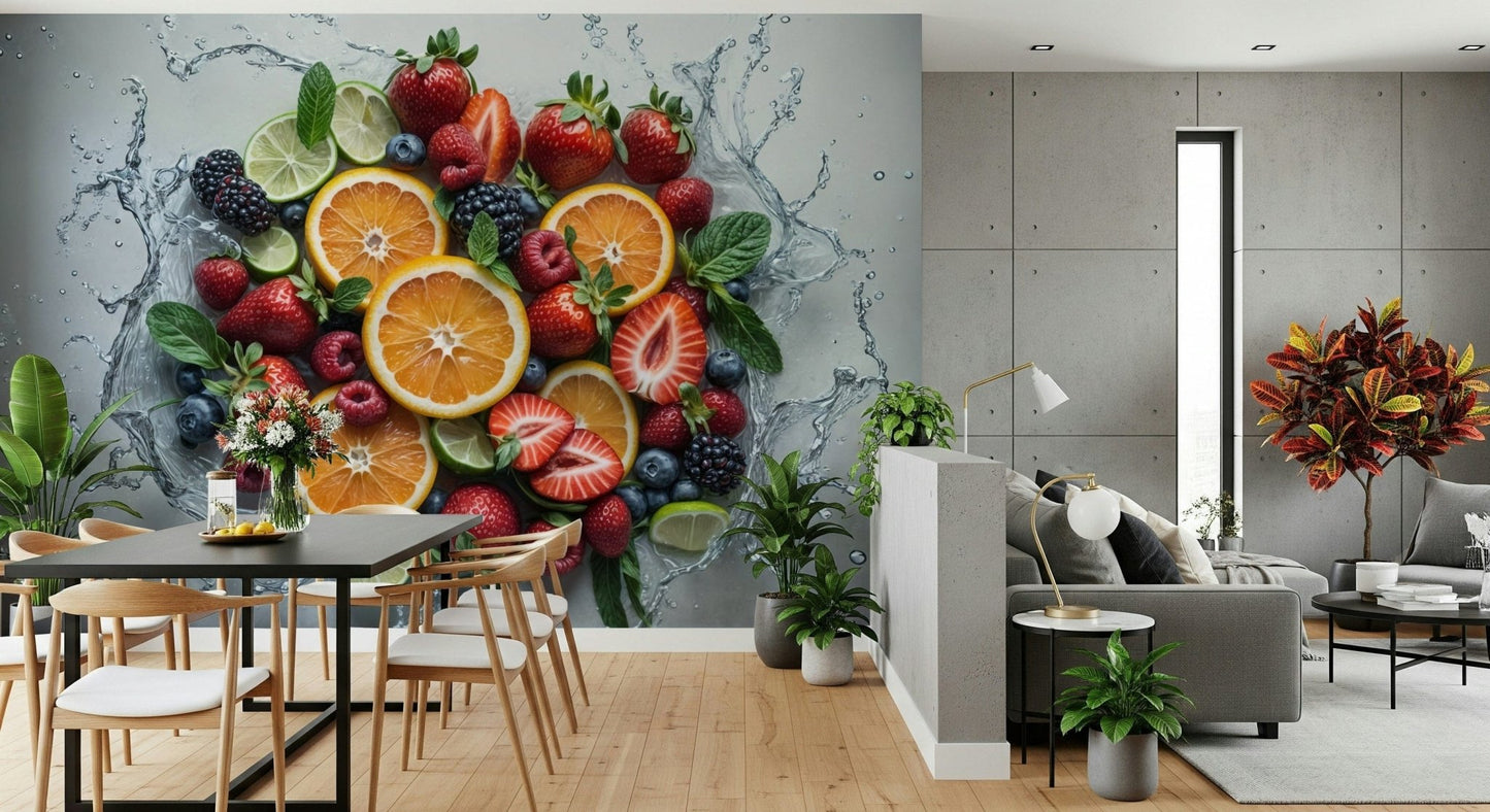 Contemporary dining area with turquoise fluid pattern wallpaper mural, GD7657
