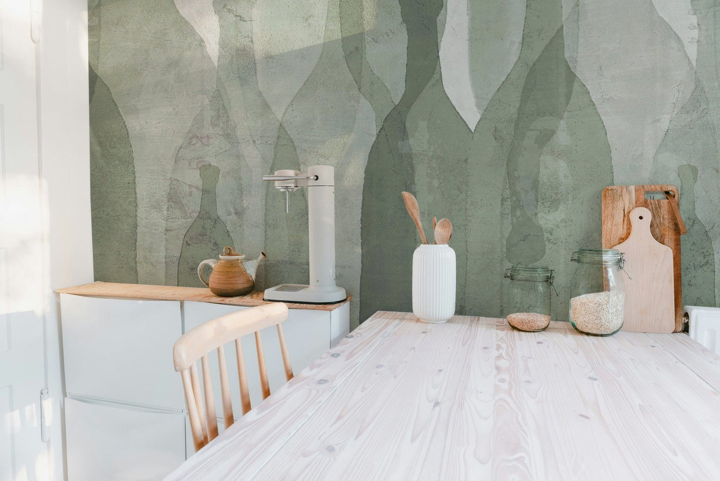 Artistic watercolor bottle mural in fresh tints
