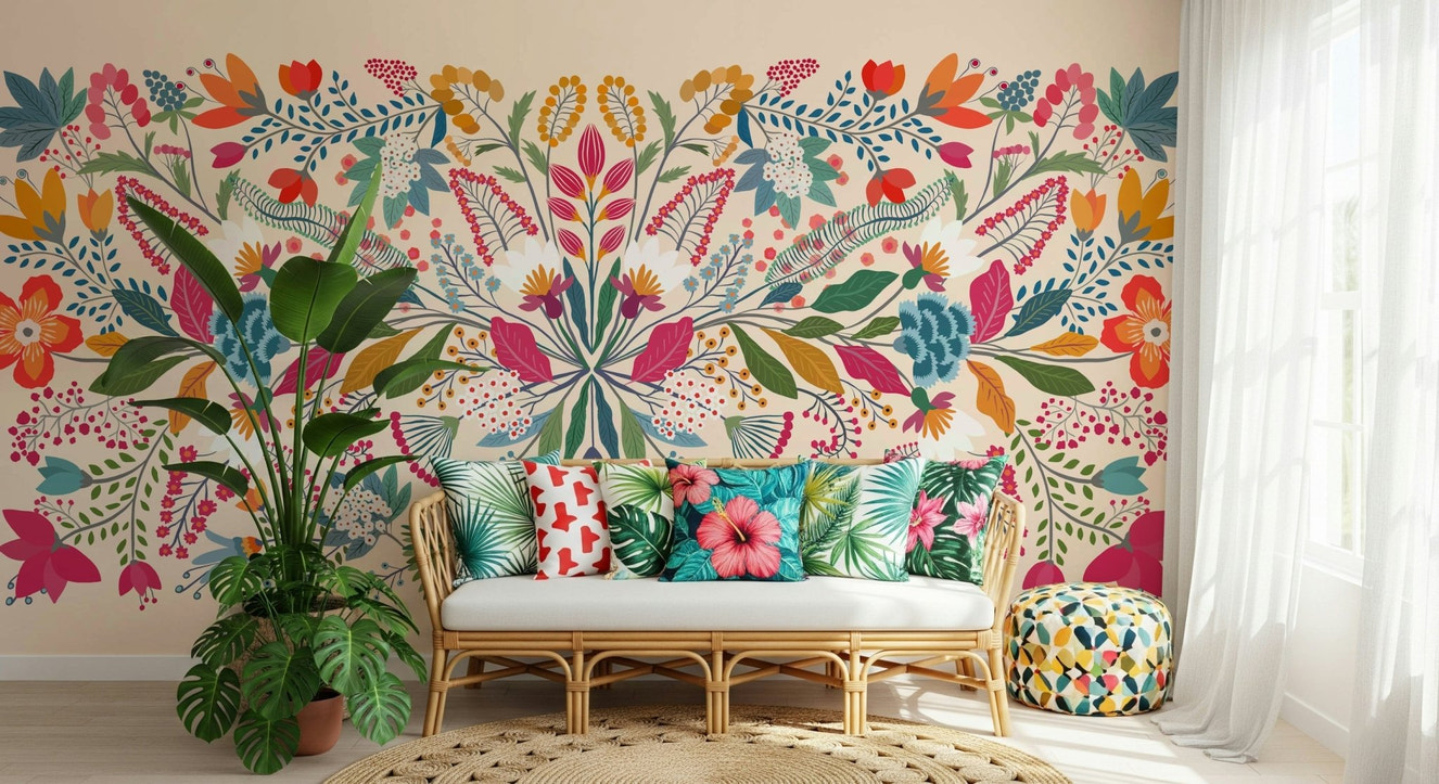Frida's Garden wall mural in a vibrant living room setting.