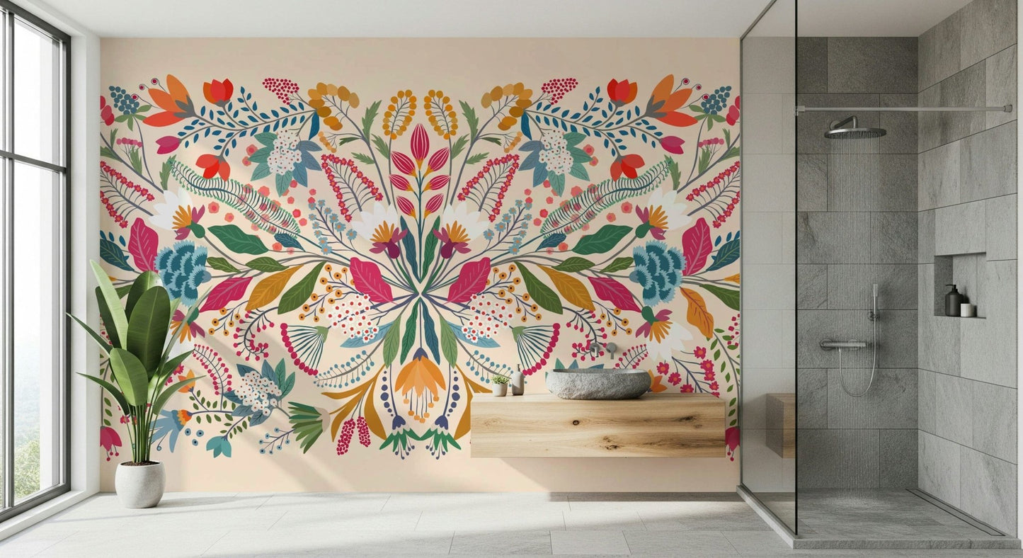 Artistic floral wall mural in a modern dining area.
