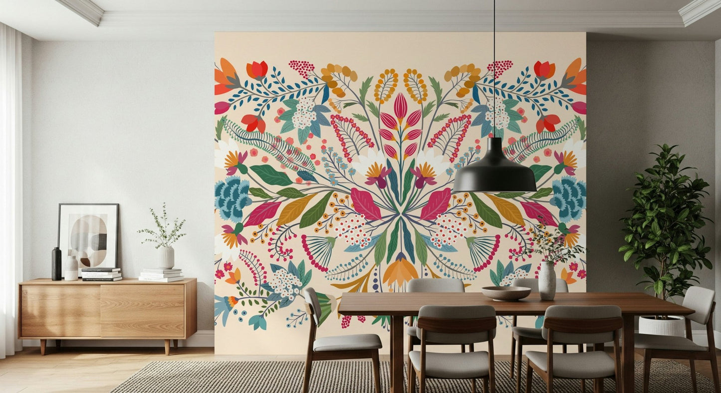 Floral wallpaper for a colourful bedroom interior.