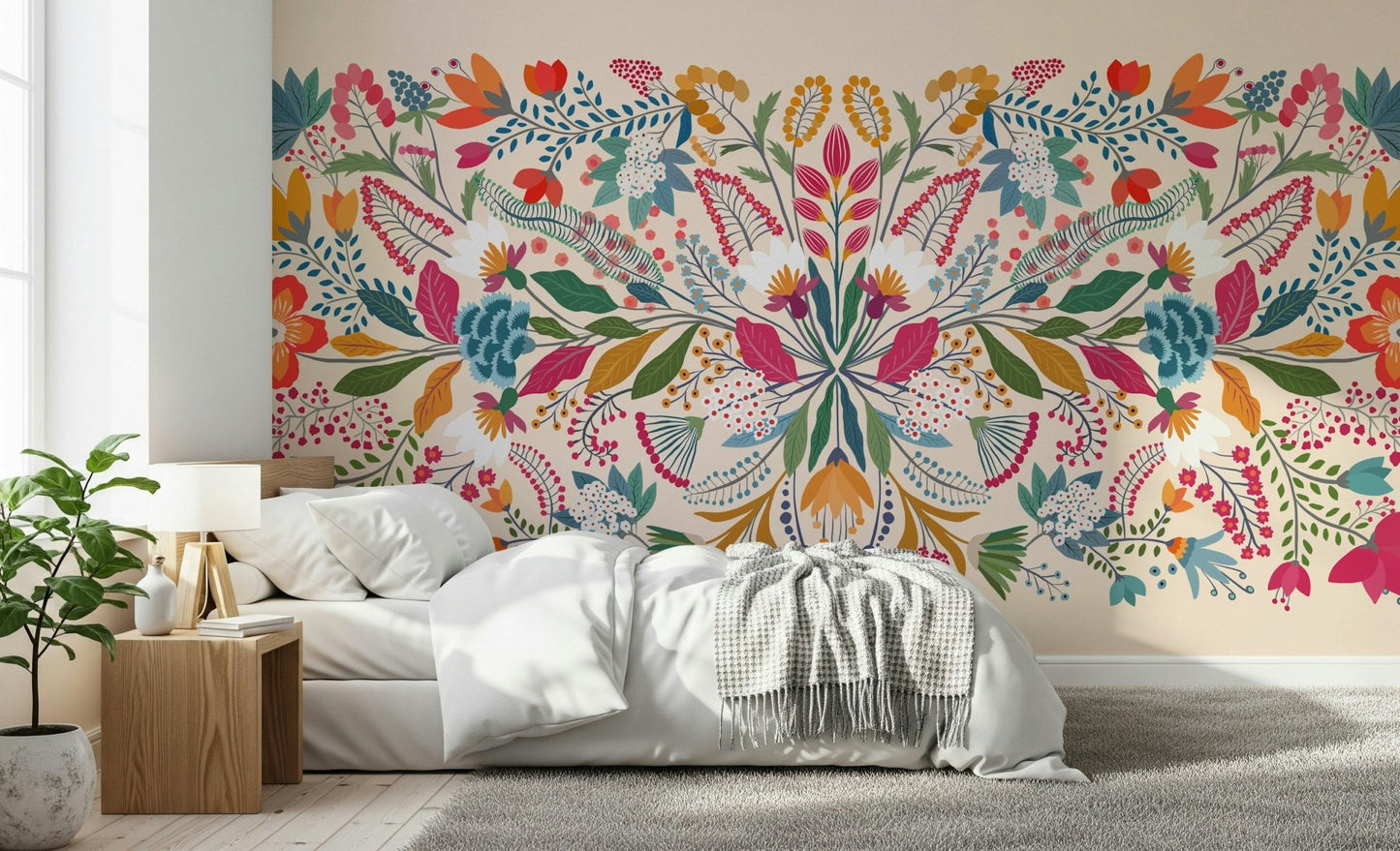 Lush floral wall mural in a creative studio space.