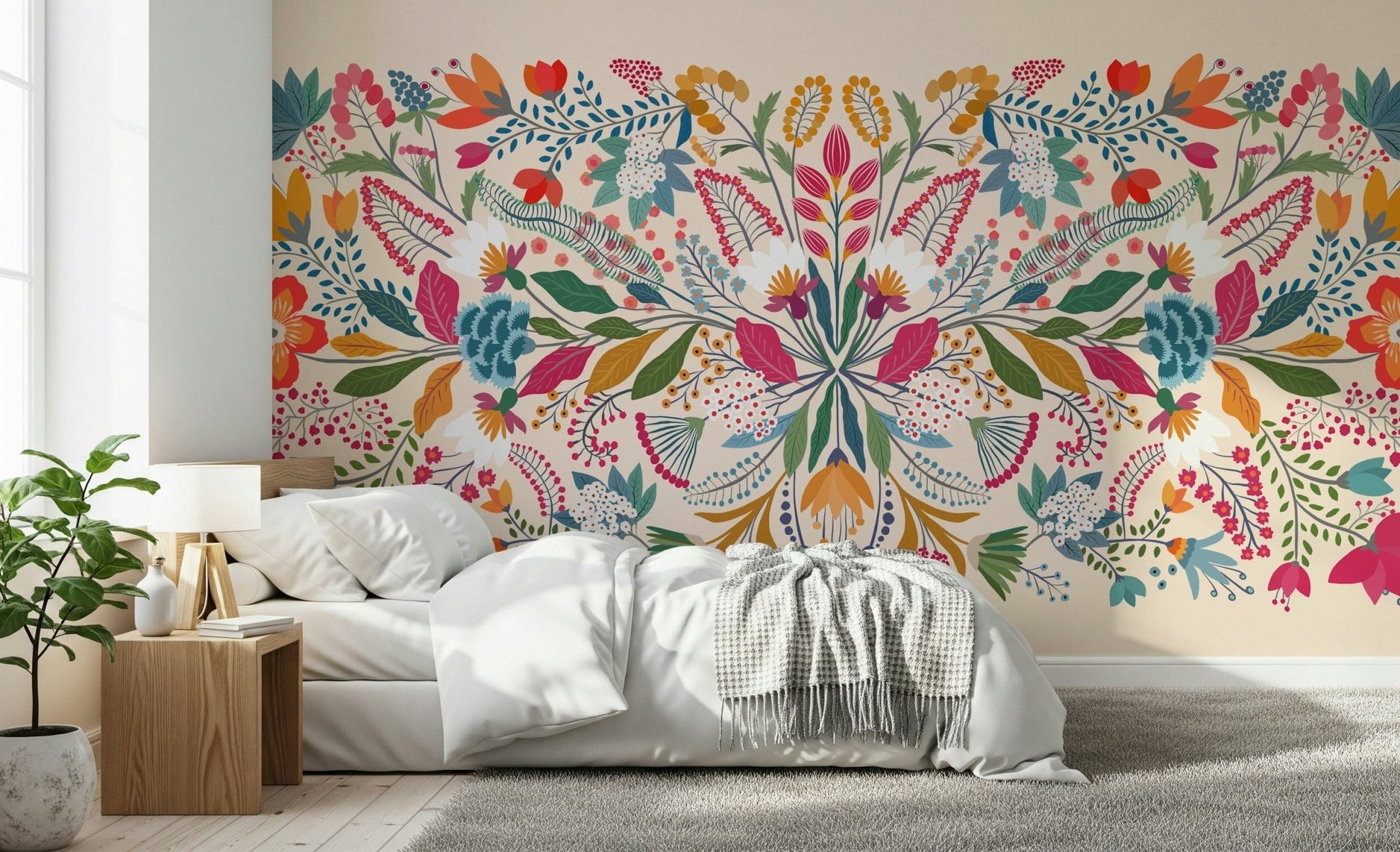 Lush floral wall mural in a creative studio space.