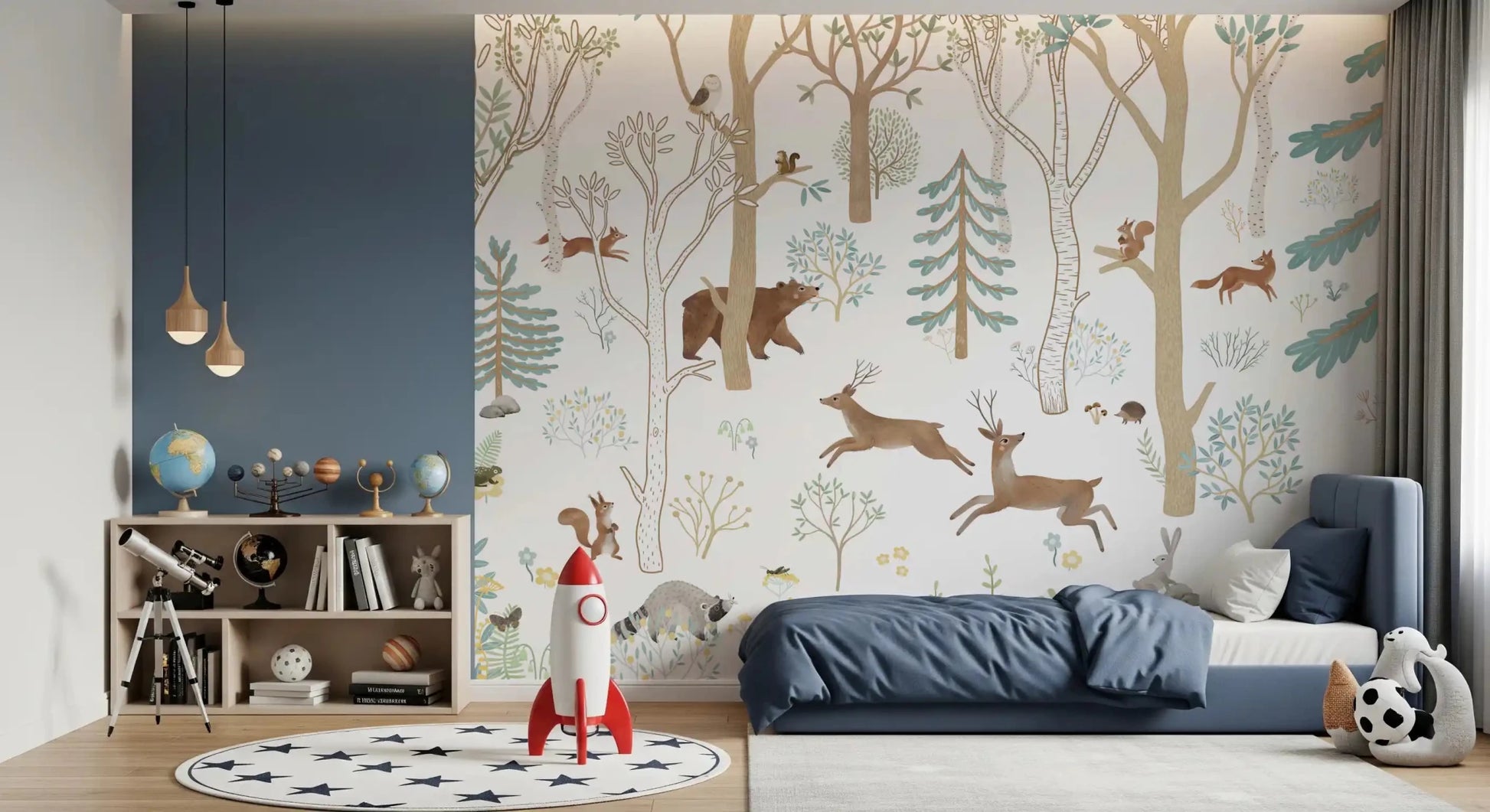 Frisky Forest Blue Wall Mural with branches and meadow plants, GD9179