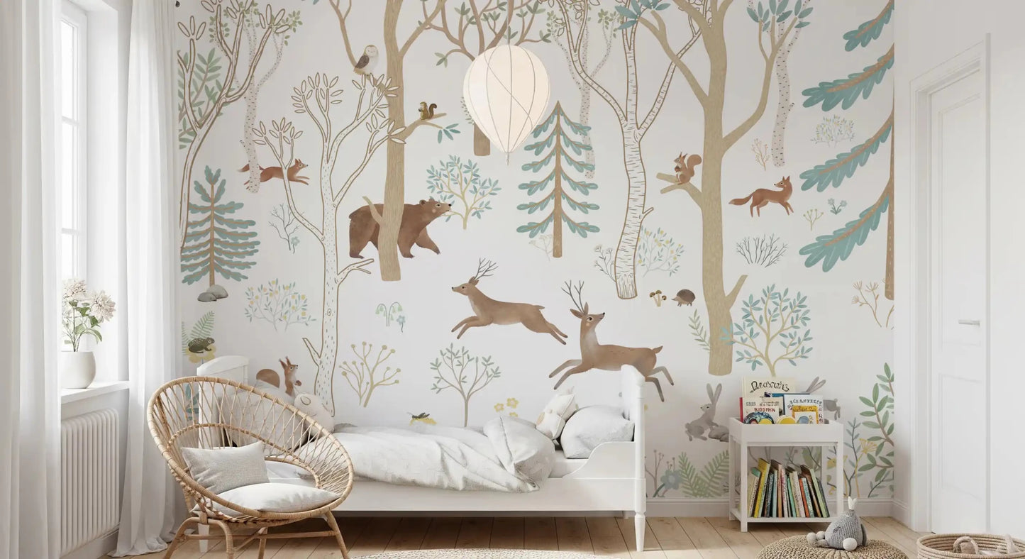 Boys room showing Frisky Forest Blue Animal Wall Mural layout, GD9179