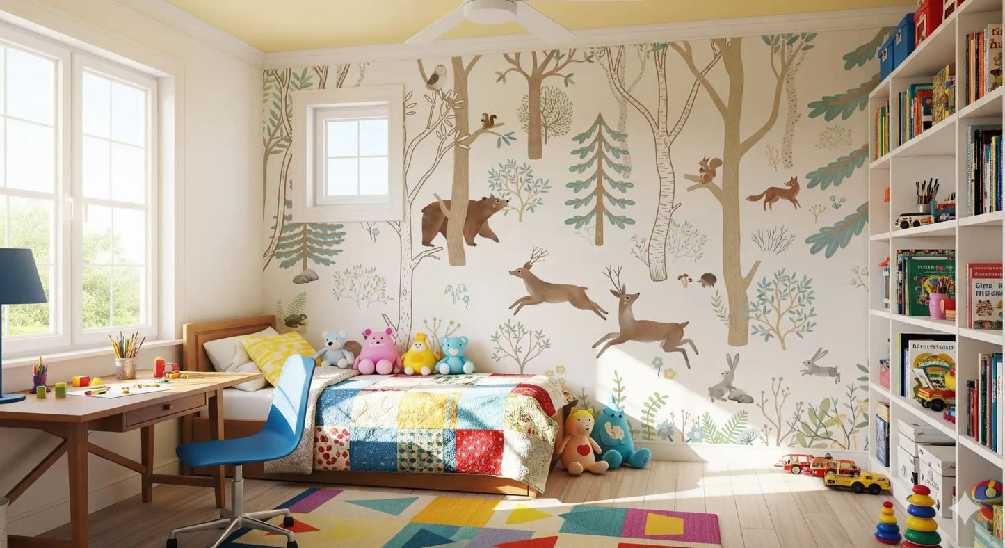 Frisky Forest Blue Wall Mural with deer, foxes, and rabbits, GD9179