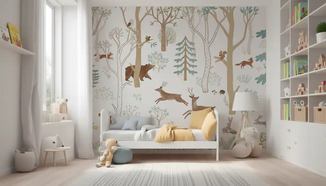 Kids Bedroom styled in Frisky Forest Blue Nature Wall Mural design, GD9179