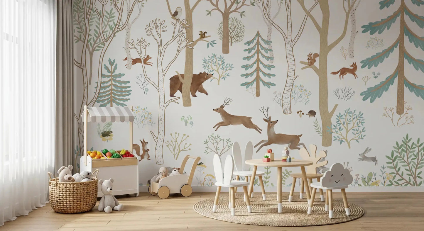 Animal scene Wall Mural in Frisky Forest Blue soft tones, GD9179