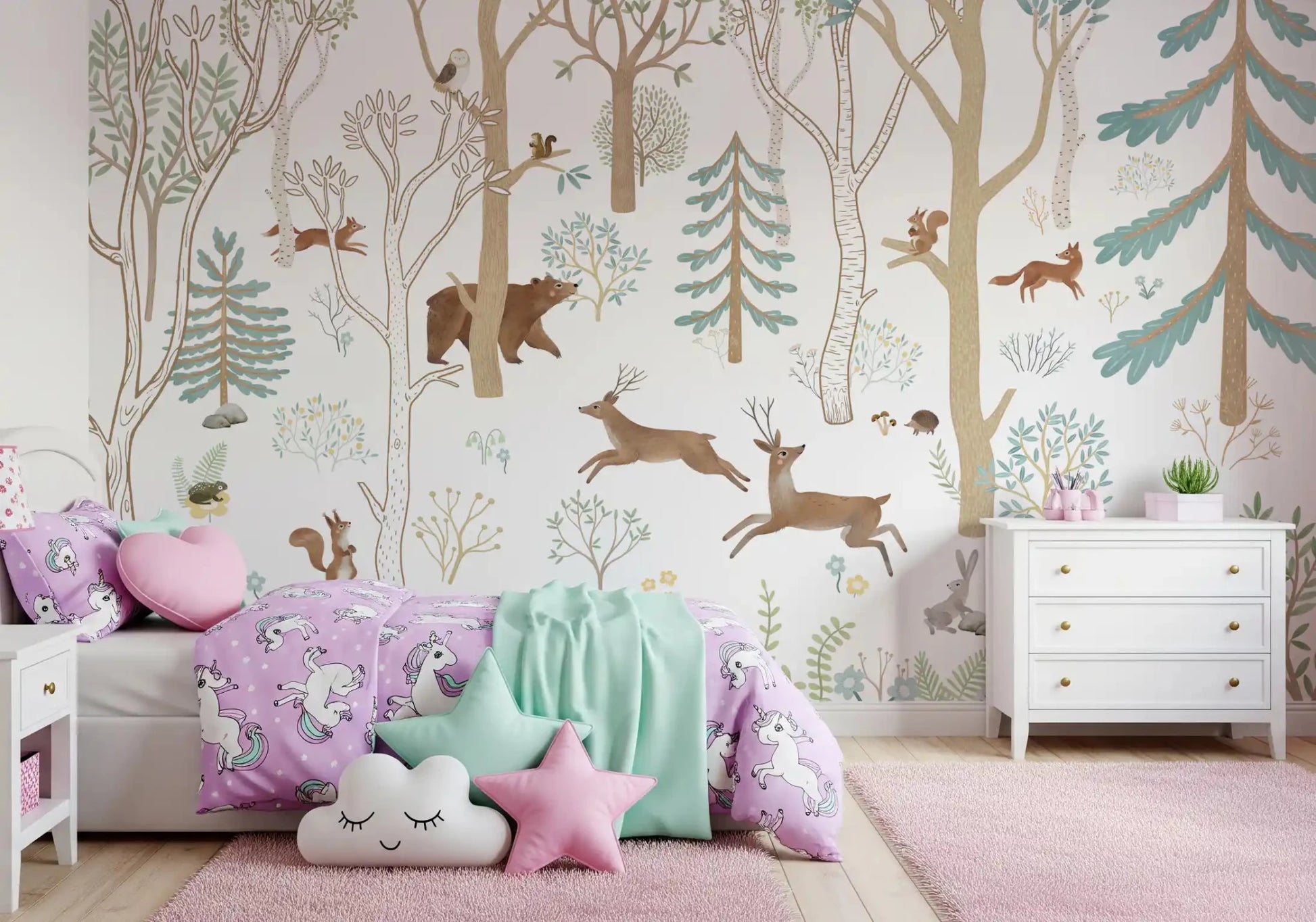 Frisky Forest Blue Wall Mural with bear and forest details, GD9179