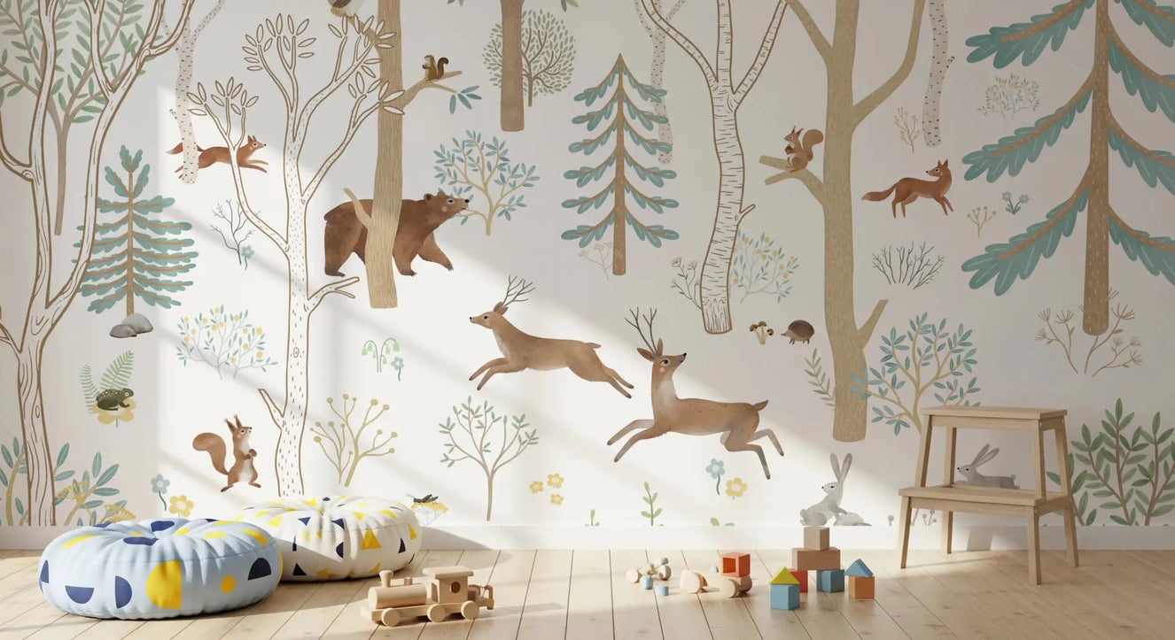 Nursery with Frisky Forest Blue Wall Mural and woodland animals