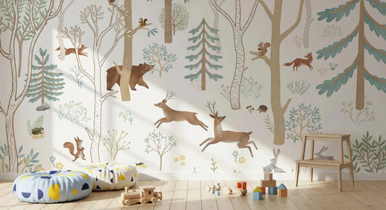 Nursery with Frisky Forest Blue Wall Mural and woodland animals, GD9179