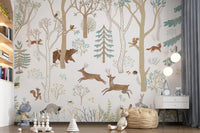 Woodland Wall Mural in Frisky Forest Blue with soft trees, GD9179