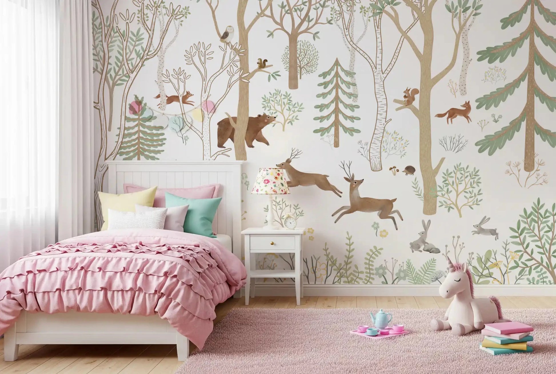 Frisky Forest Green Woodland Wall Mural with meadow plants, GD9180