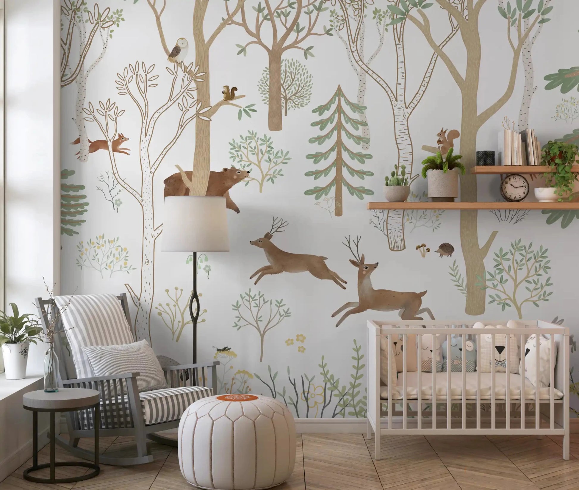 Frisky Forest Green Wall Mural showing deer and fox movement, GD9180