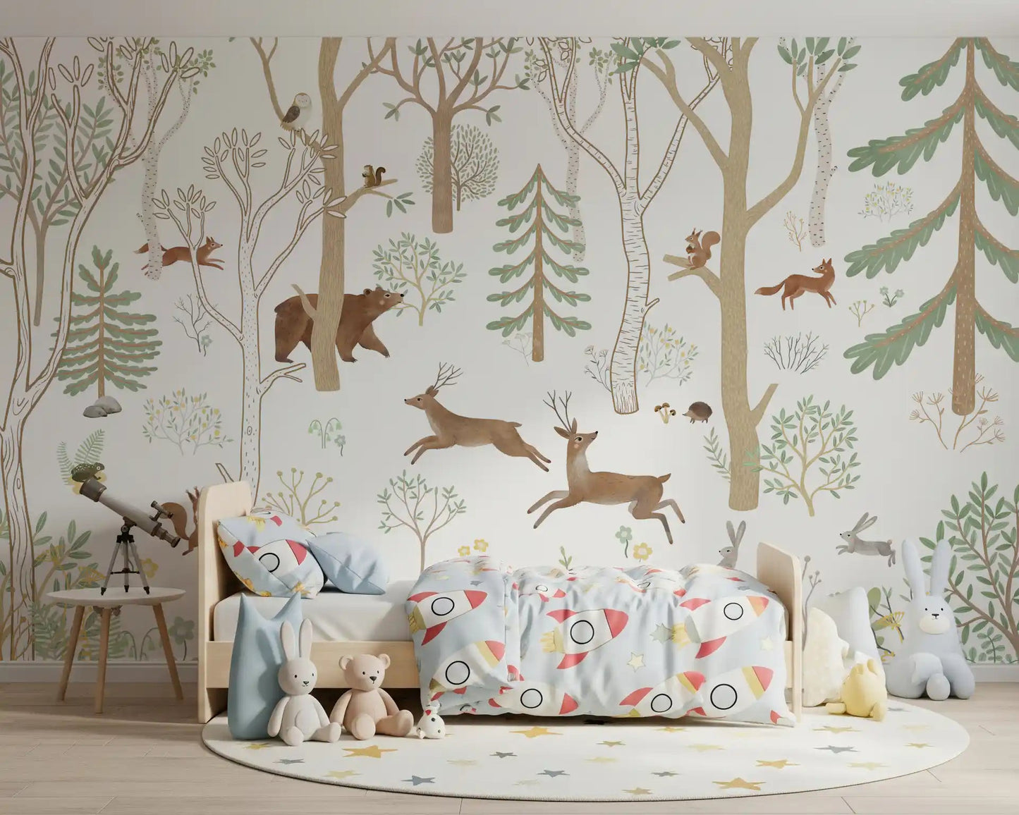 Nature scene Frisky Forest Green Wall Mural with animals, GD9180