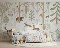 Nature scene Frisky Forest Green Wall Mural with animals, GD9180