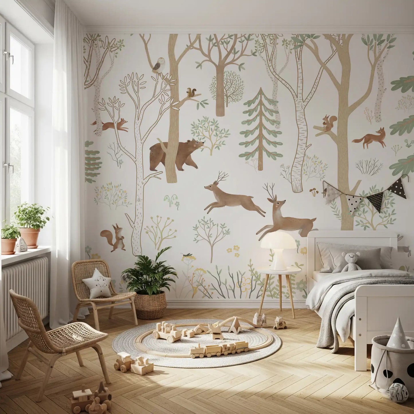 Kids bedroom styled in Frisky Forest Green Woodland Wall Mural design, GD9180