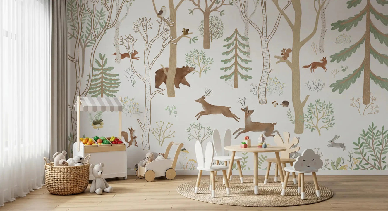 Kids room with Frisky Forest Green Animal Wall Mural forest scene