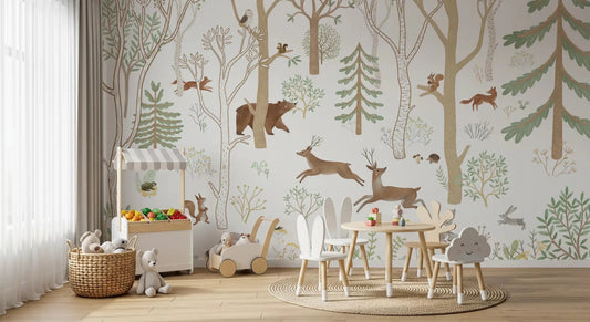Kids room with Frisky Forest Green Animal Wall Mural forest scene