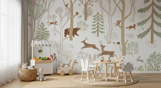 Kids room with Frisky Forest Green Animal Wall Mural forest scene, GD9180