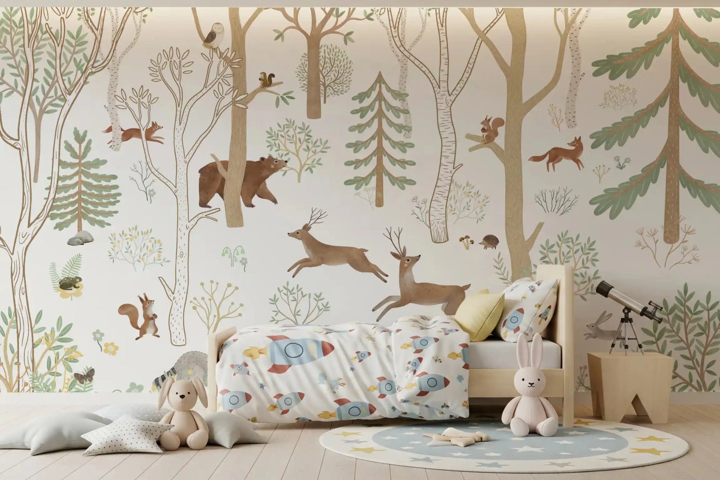 Children room with Frisky Forest Green Forest Wall Mural and trees, GD9180