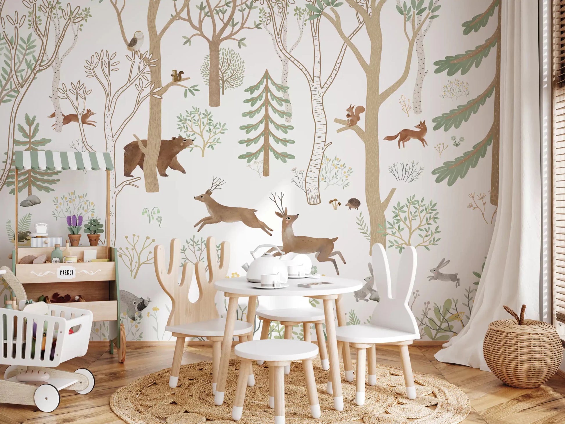 Frisky Forest Green Animal Wall Mural with bear and branches, GD9180