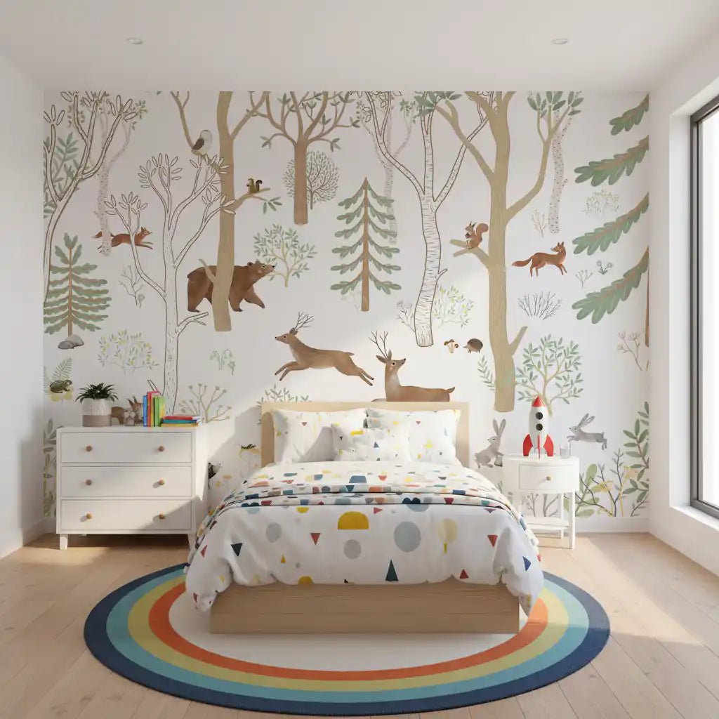 Soft woodland Frisky Forest Green Wall Mural with leafy trees, GD9180