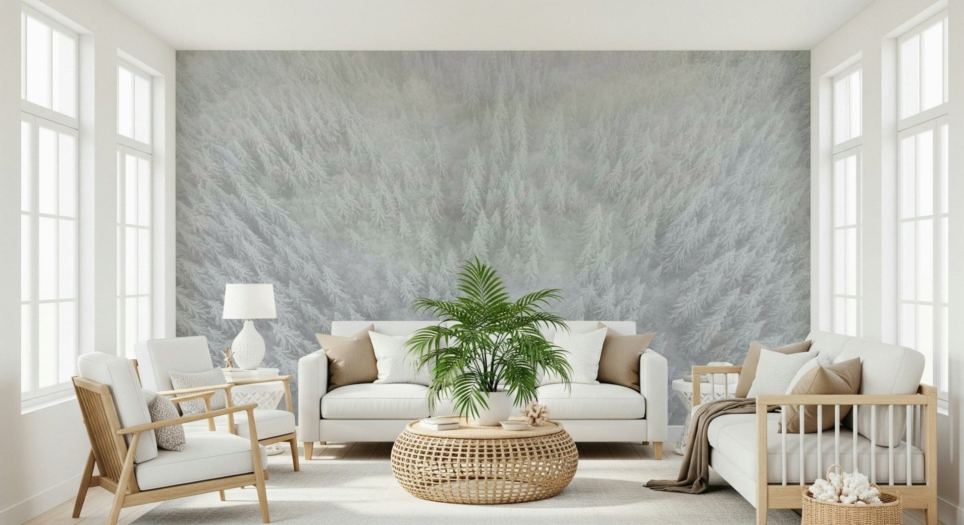 Dense white forest wallpaper, beautiful Frosted Canopy view for walls.