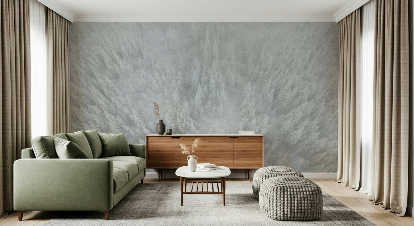 Icy woodland textures mural, elegant Frosted Canopy design covering.