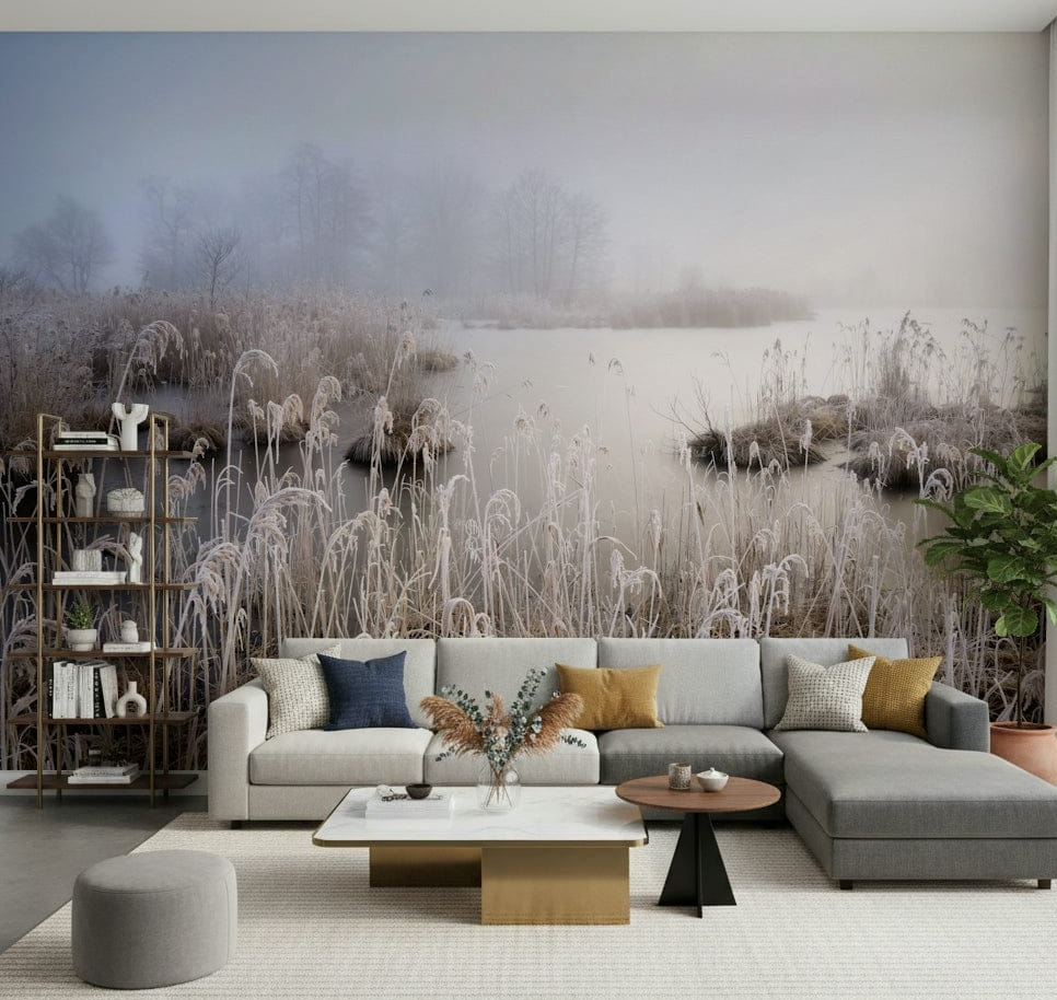 Living room areas featuring a serene Frosted Dawn Wall Mural with winter textures.