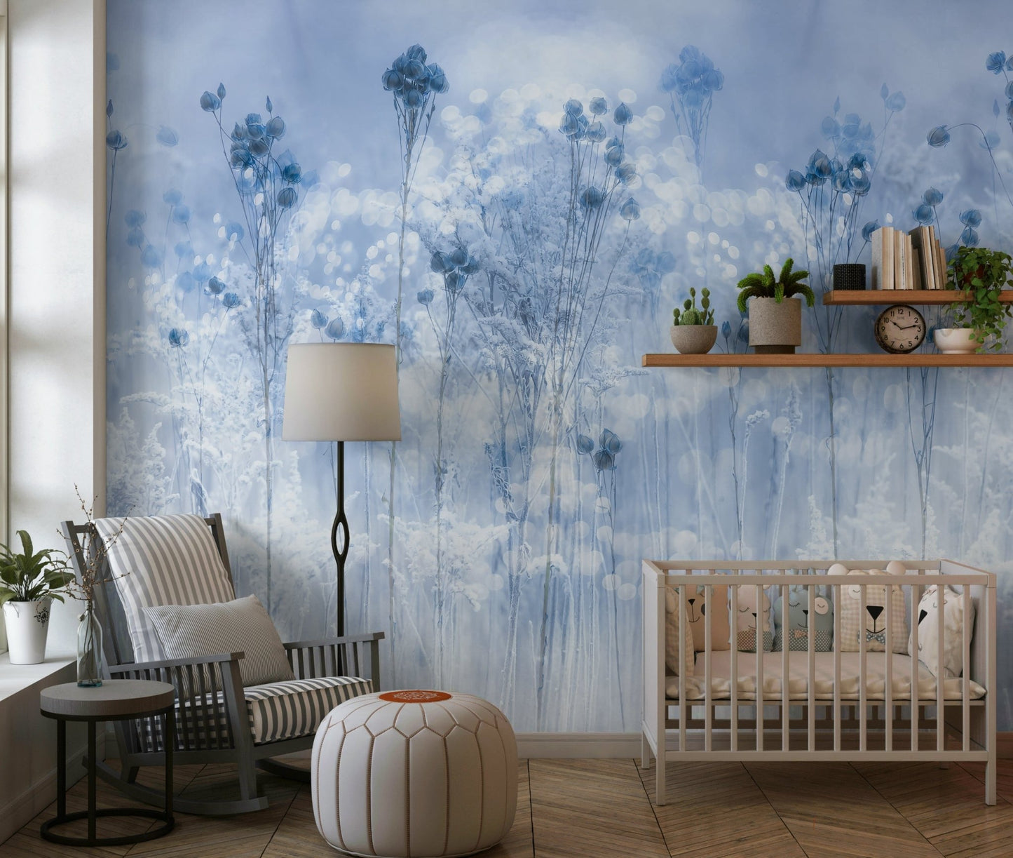 A peaceful modern abstract mural on decorative wallpaper.