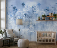 A peaceful modern abstract mural on decorative wallpaper.