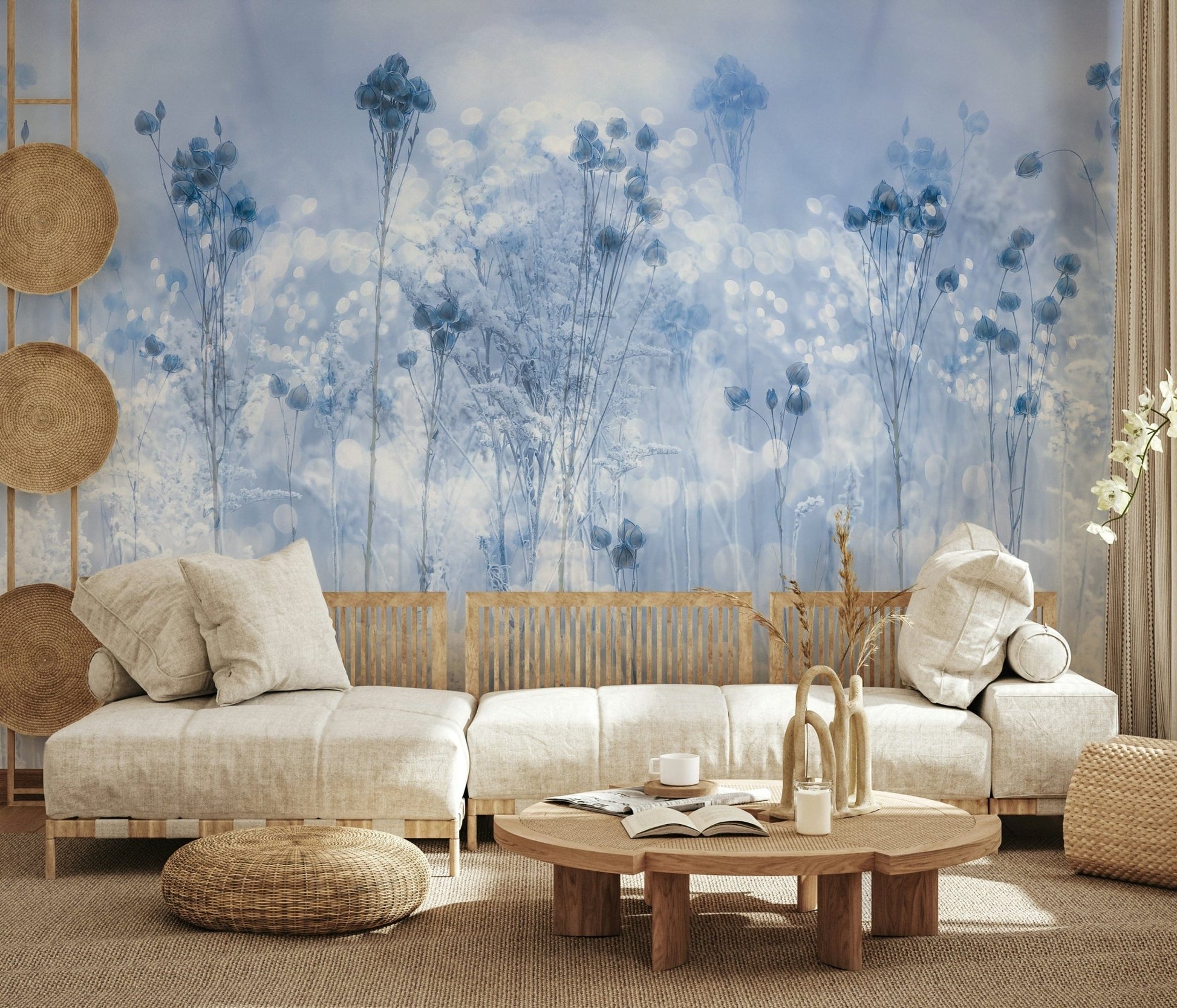 A serene flowing design wall mural in cool, pale tones.