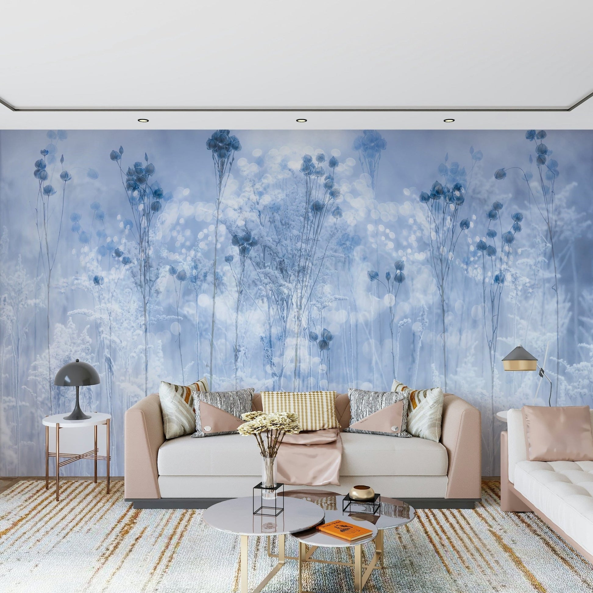 A calming abstract design wallpaper mural that defines a space.