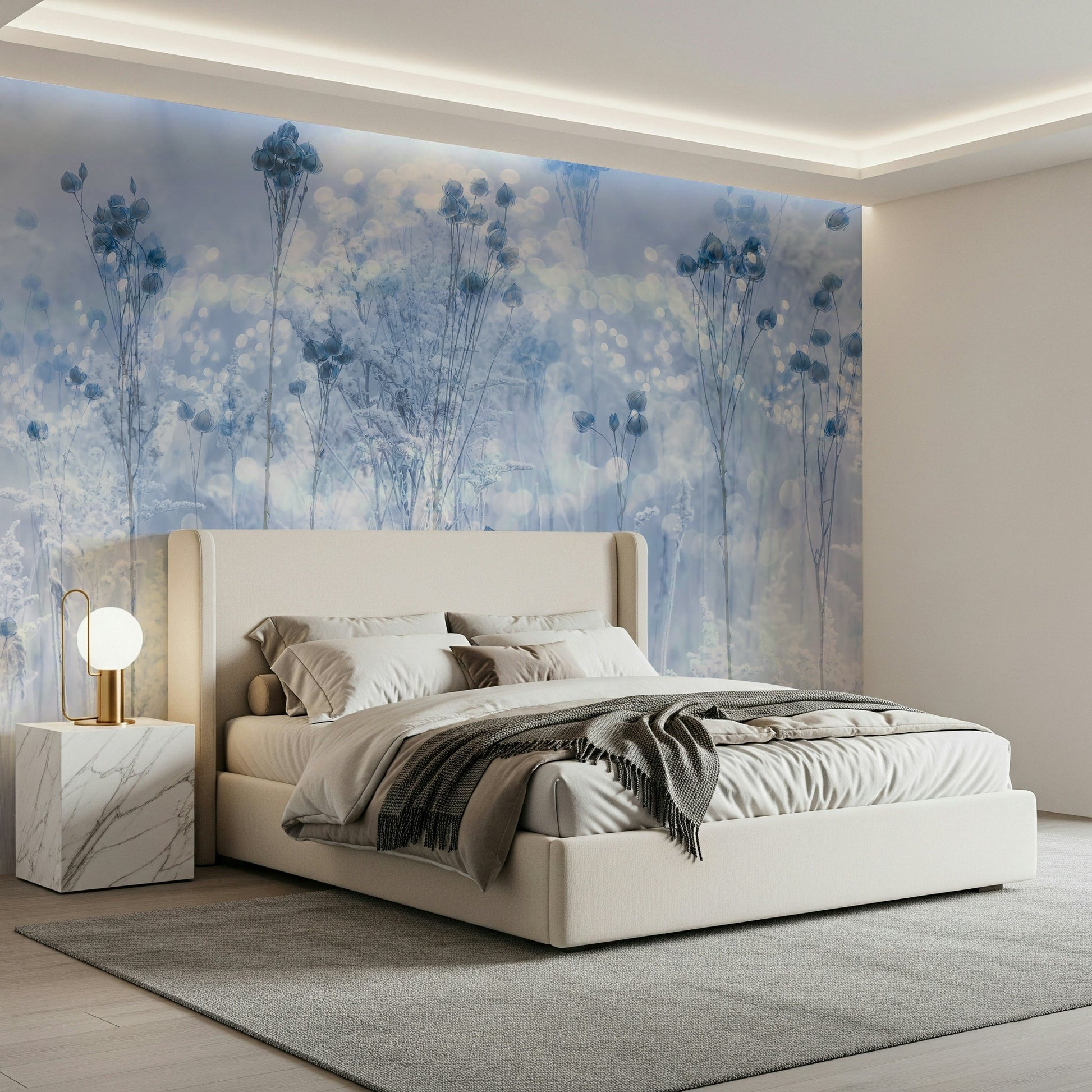 A beautiful subtle abstract wallpaper mural with a frosted, icy texture.