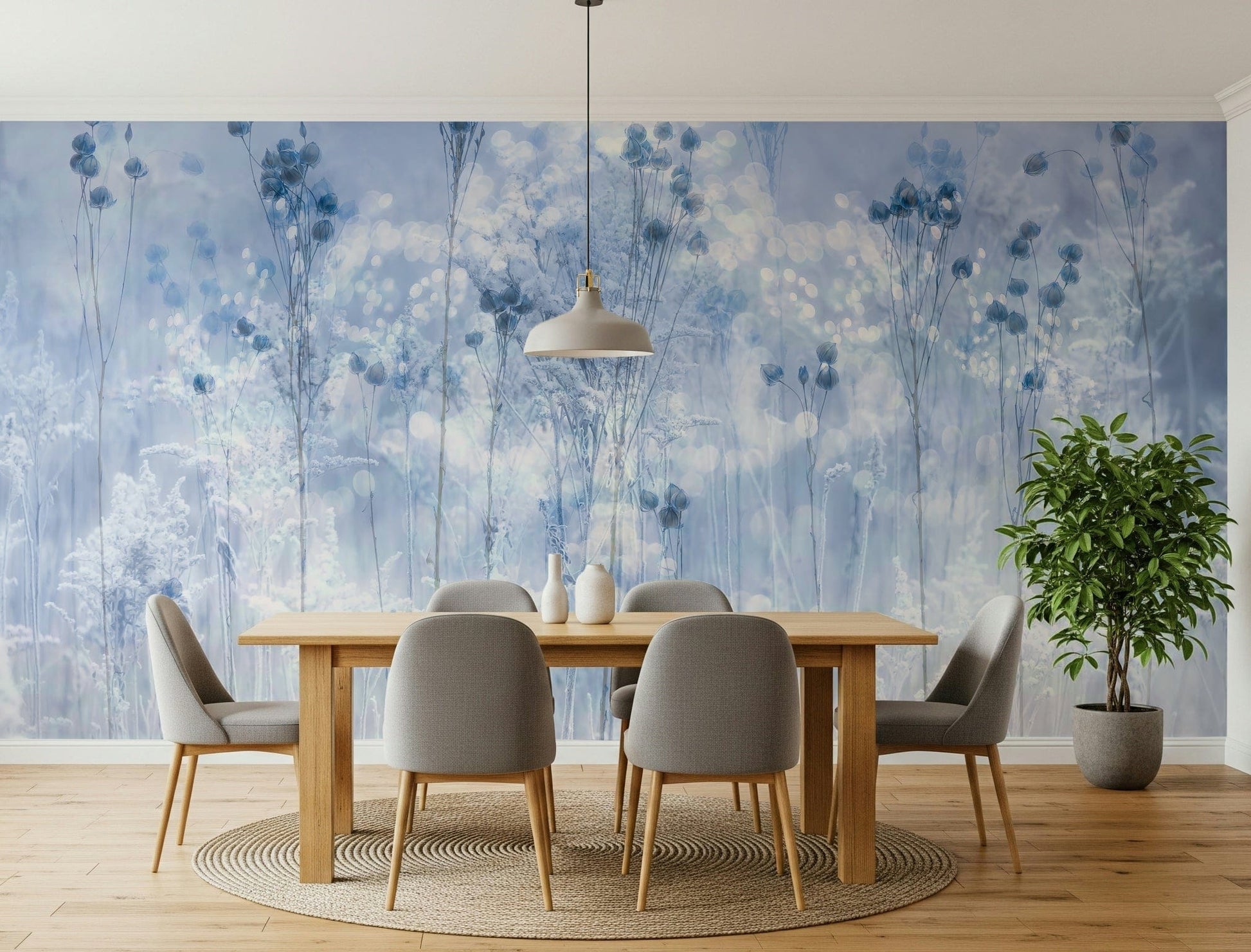 An artistic soft focus mural on minimalist wallpaper.