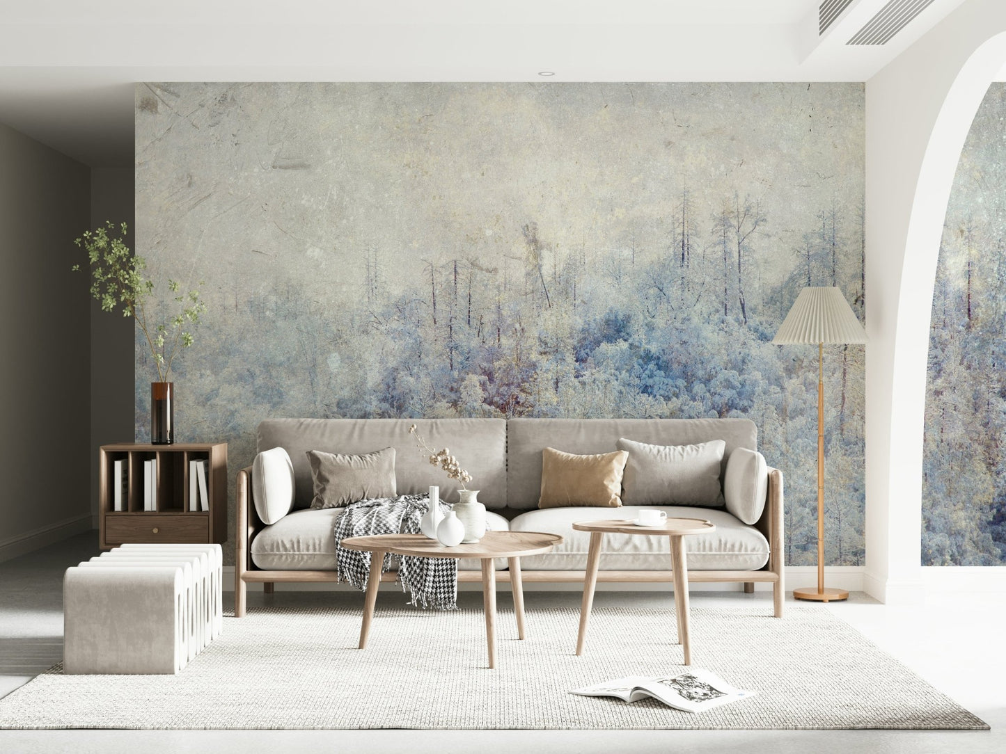 A calming serene forest wallpaper mural that defines a space.