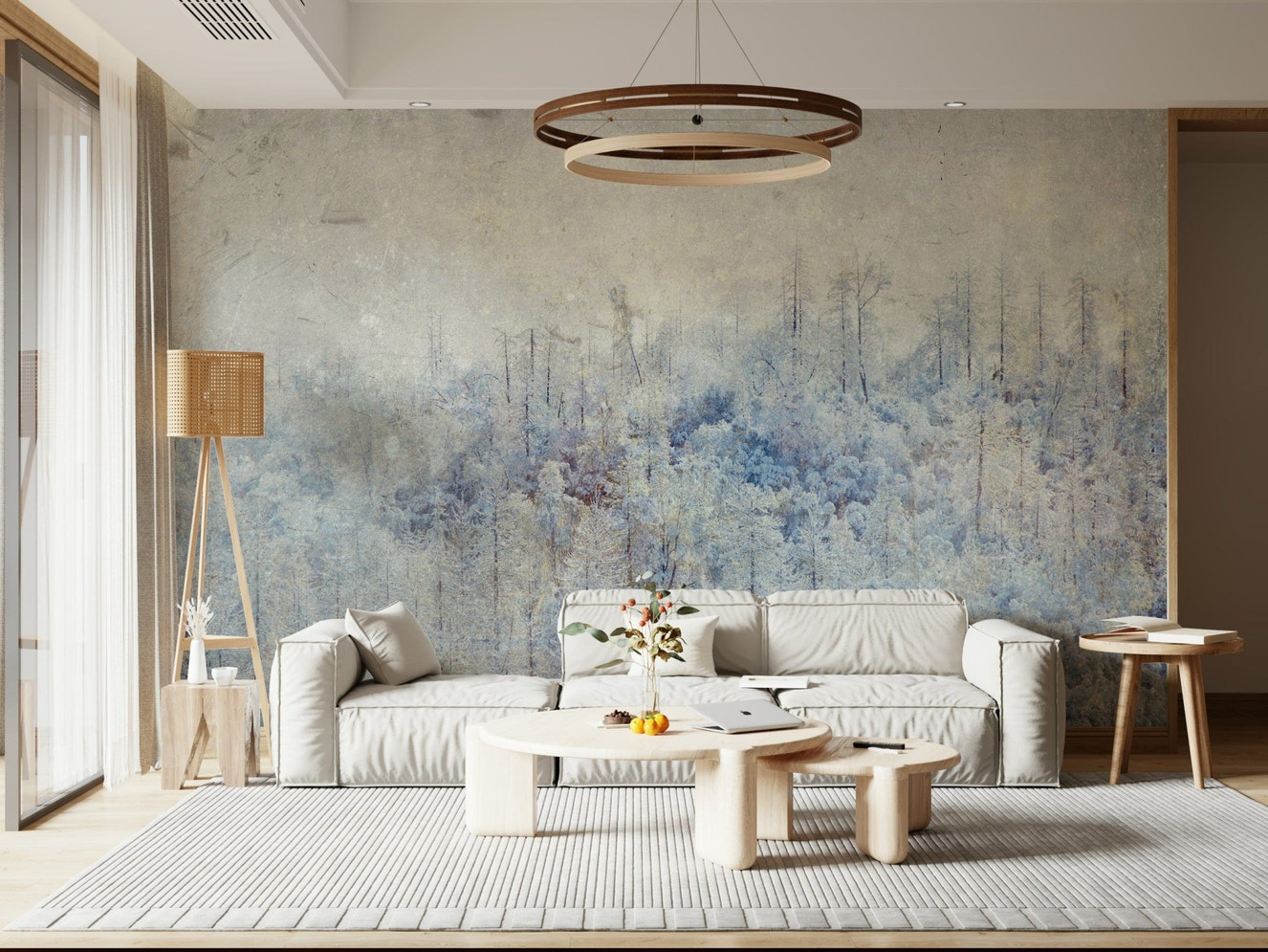 A beautiful ethereal forest wallpaper mural with a frosted, dreamy effect.