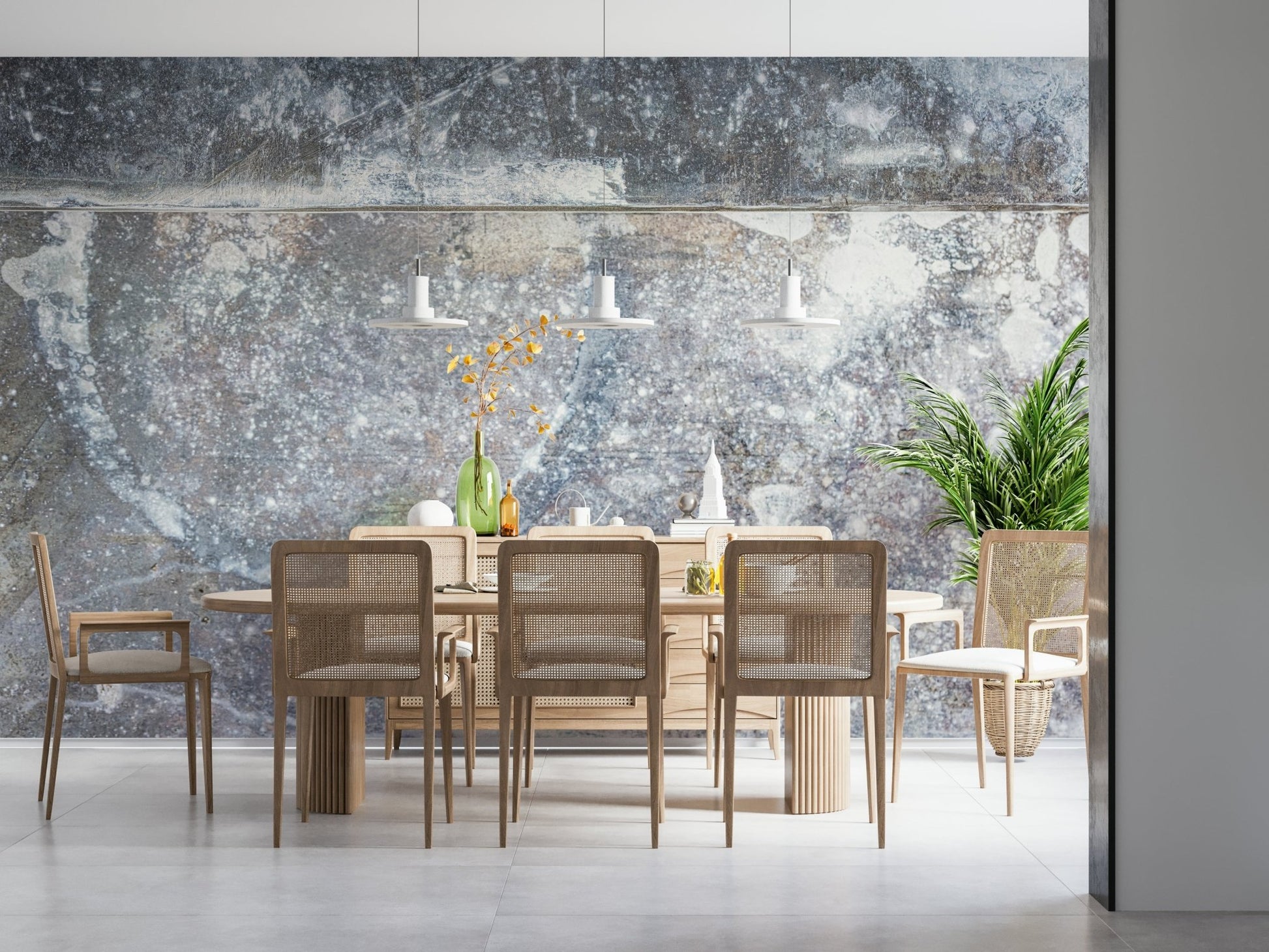 A hand applying the Frosted Slate realistic gray slate mural., GD6184