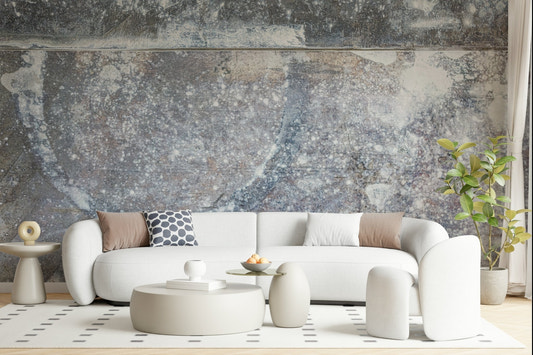 Full living room featuring the cool Frosted Slate Wall Mural.