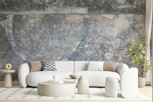 Full living room featuring the cool Frosted Slate Wall Mural.