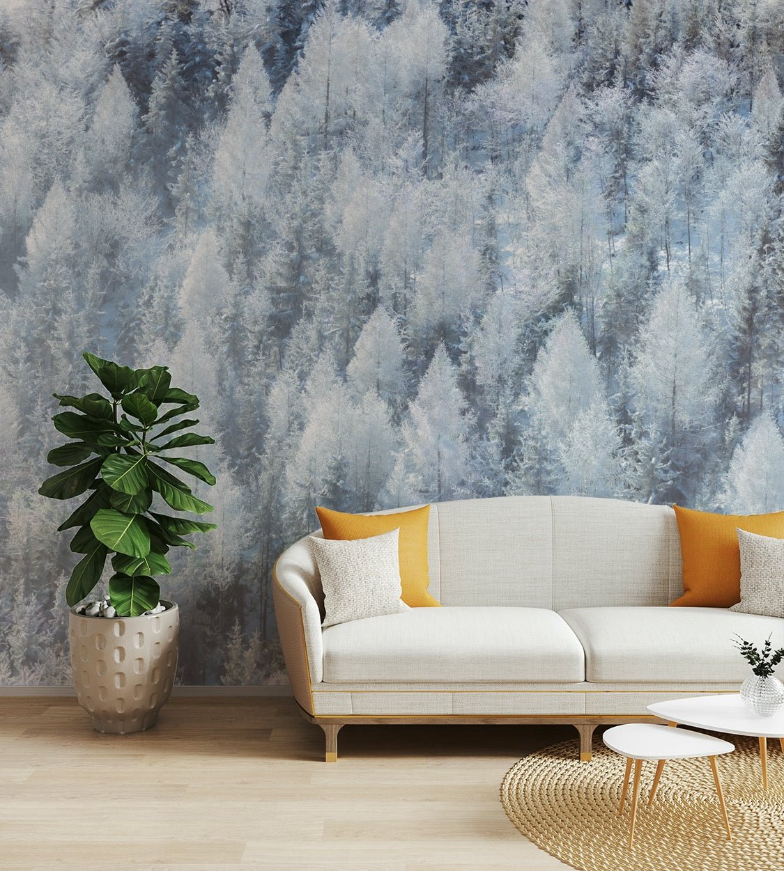 Snow-covered trees on wallpaper.


