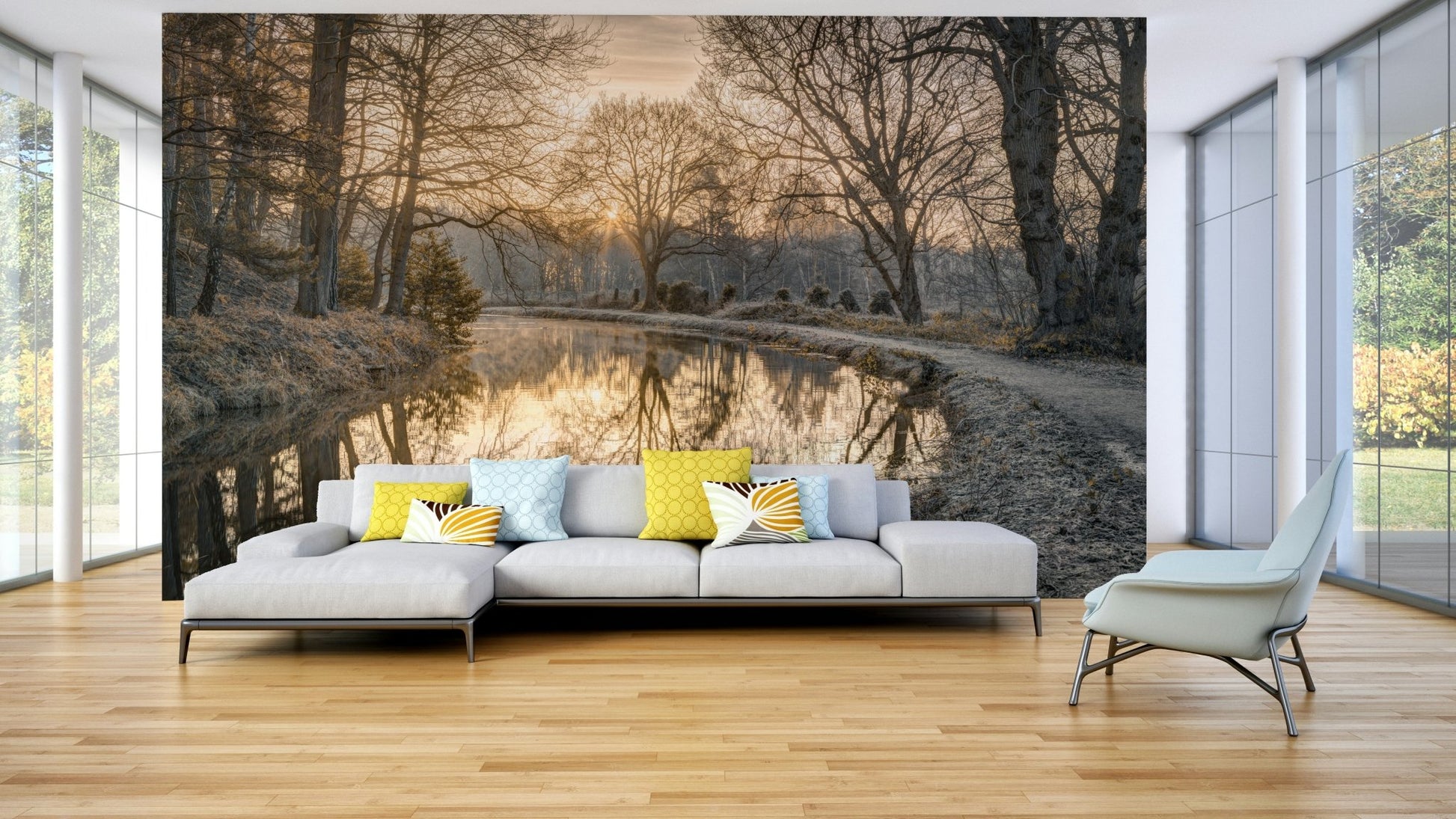 A living room featuring the serene winter wall mural.

