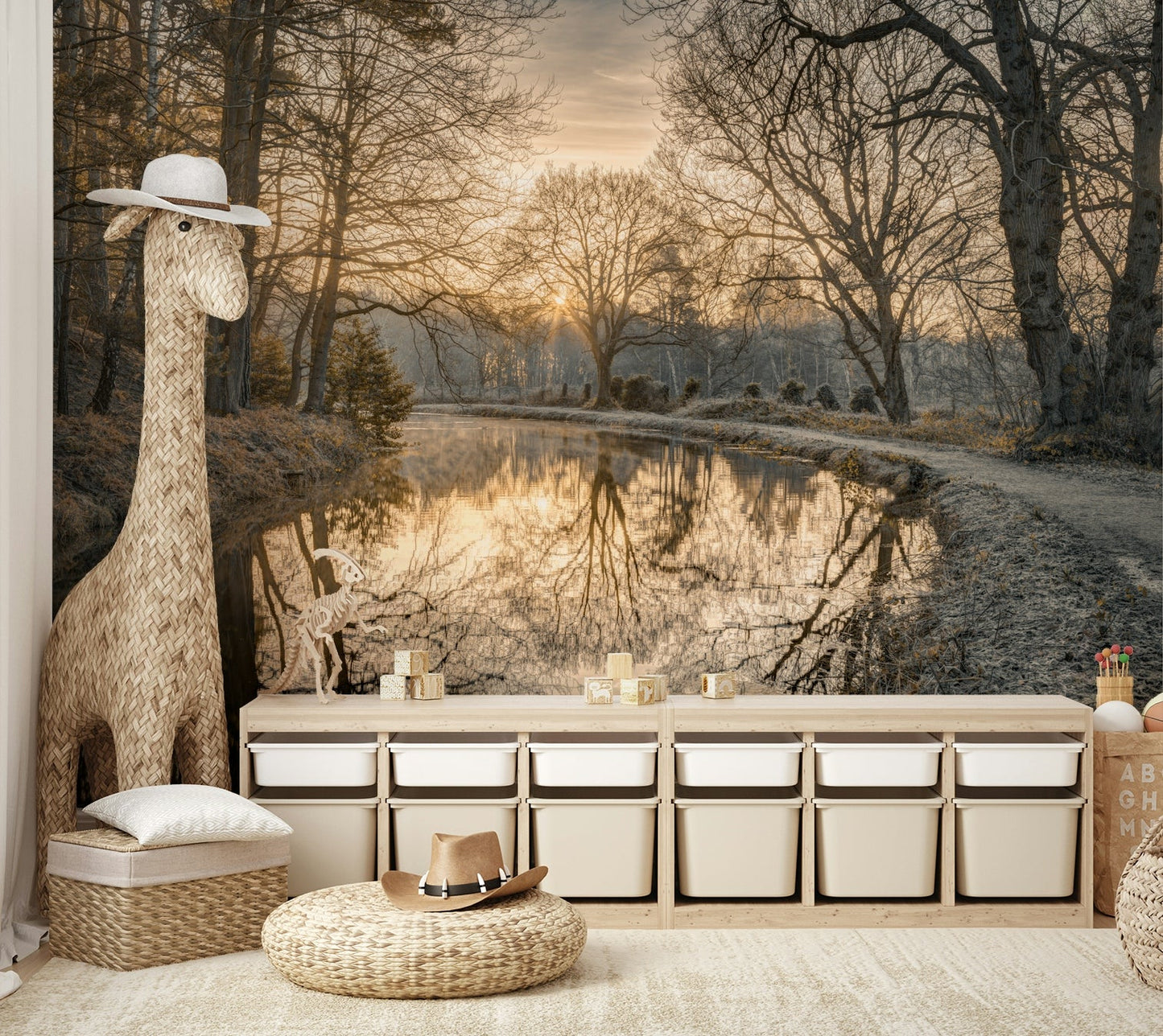 The wallpaper is used as a feature wall in a bedroom.

