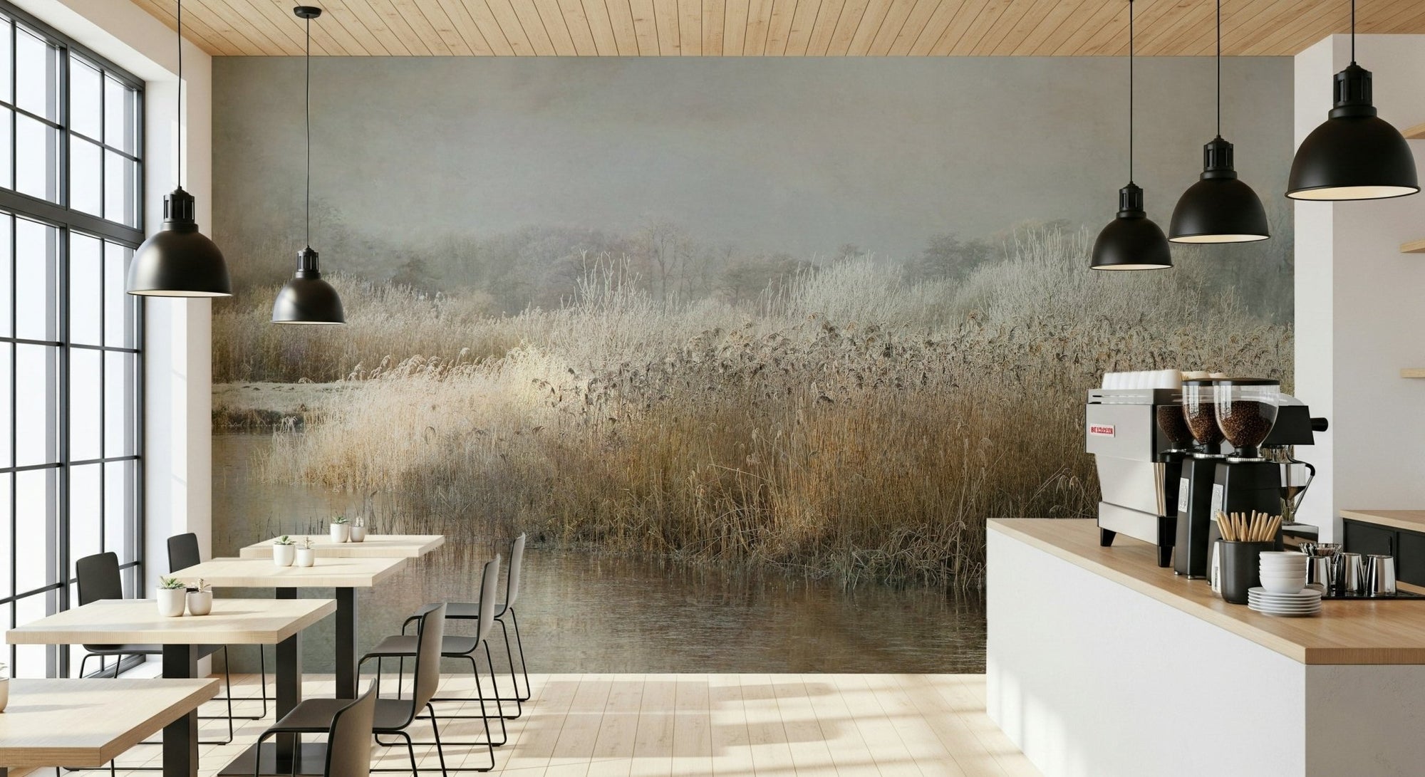 A beautiful frosty riverbank wallpaper mural with winter trees., GD5570