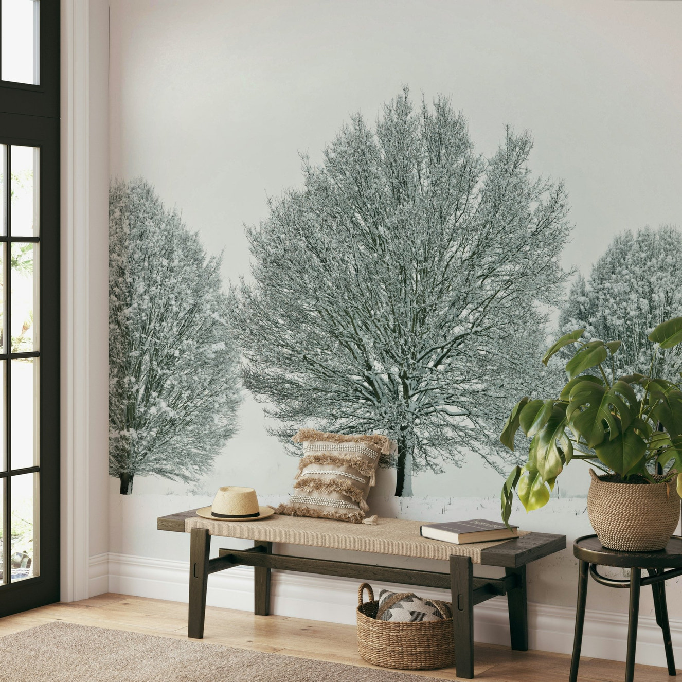 Frosty trees in serene winter landscape mural

